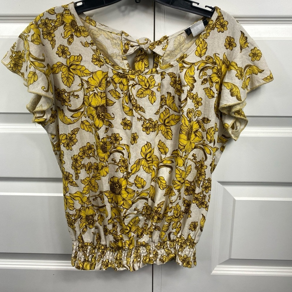 Linen Blend Foliage Floral Print Pattern Flutter Sleeve Blouse Bloom Tied Back M